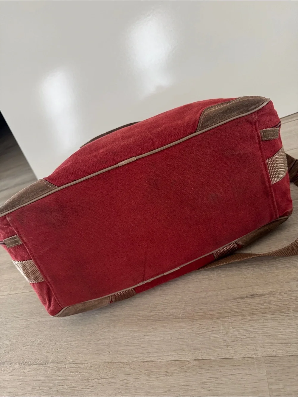 Vintage Athalon Denver USA Red Canvas Bag Tan Leather Suede Trim Duffle Travel